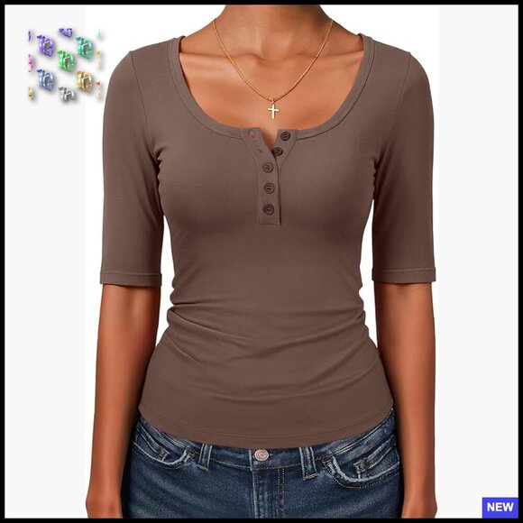 Tops - Slim Fit Henley Top Half Sleeve Ruching Chic Casual Spring Summer Blouse